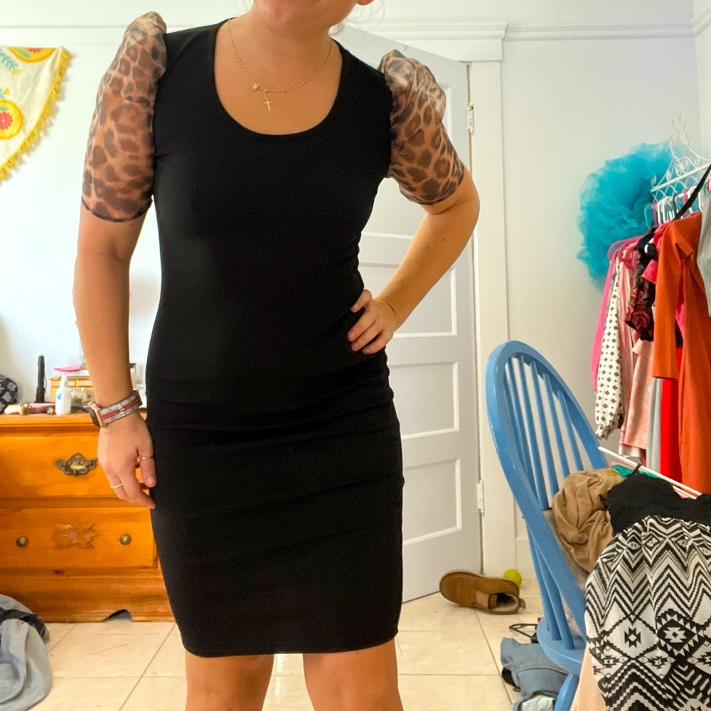 Black dress with leopard sleeves